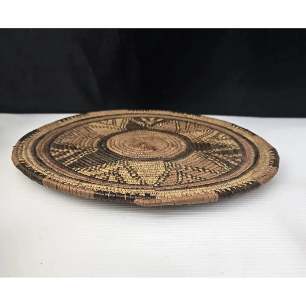 African Hand Woven Coiled Flat Basket Tray Geometric Vintage 12.5